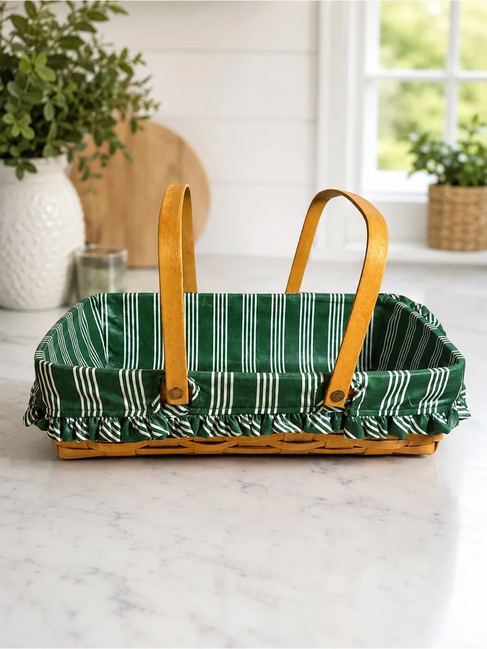 Vintage 1978 Longaberger Handwoven Basket with Original Green Striped Liner
